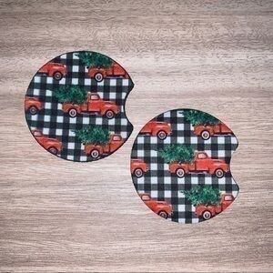 Red truck/ plaid gingham car coasters 2pack new